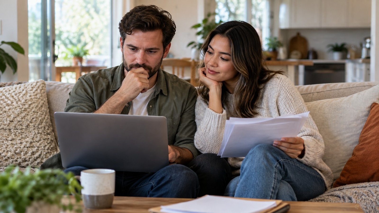 Illustrative couple reviewing a laptop and application documents together at home
